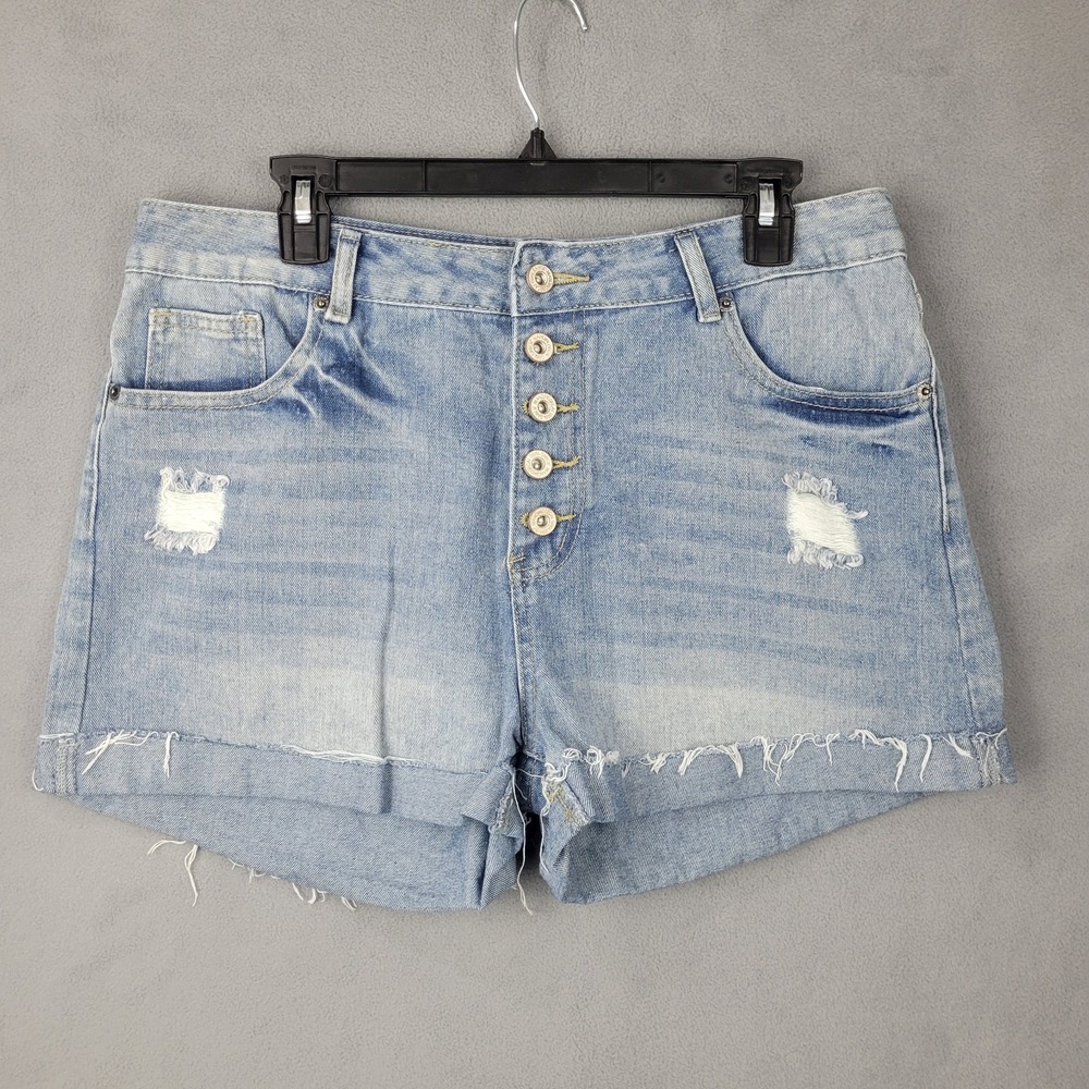 Hawalili Cut Off Shorts Womens Large Blue Denim Distressed Button Fly Cuffed Hem
